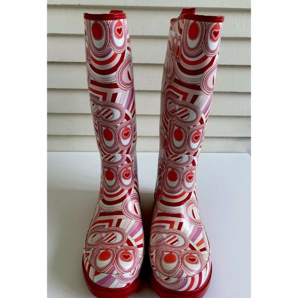 COACH❤️RED/PINK PAISLEY Monogram Rubber RAIN BOOTS - Picture 1 of 10
